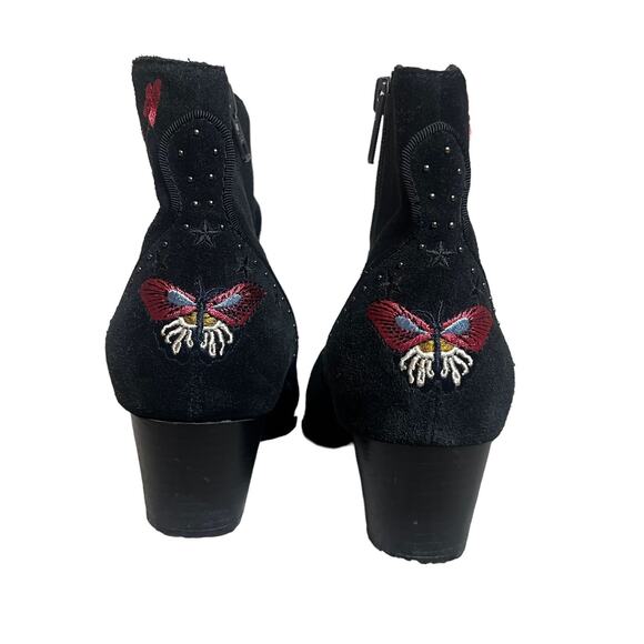 ASH Black Suede Embroidered Ankle Boots Size 37/6.5 Western Floral Zip Booties - Picture 4 of 9